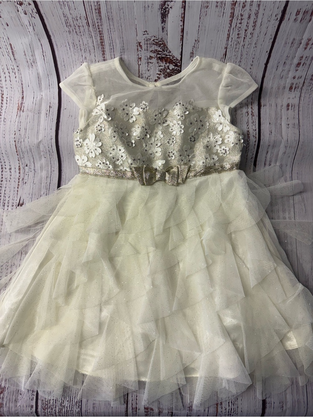 Jona Michelle Ivory Sequin Floral Tulle Party Dress with Gold Bow
